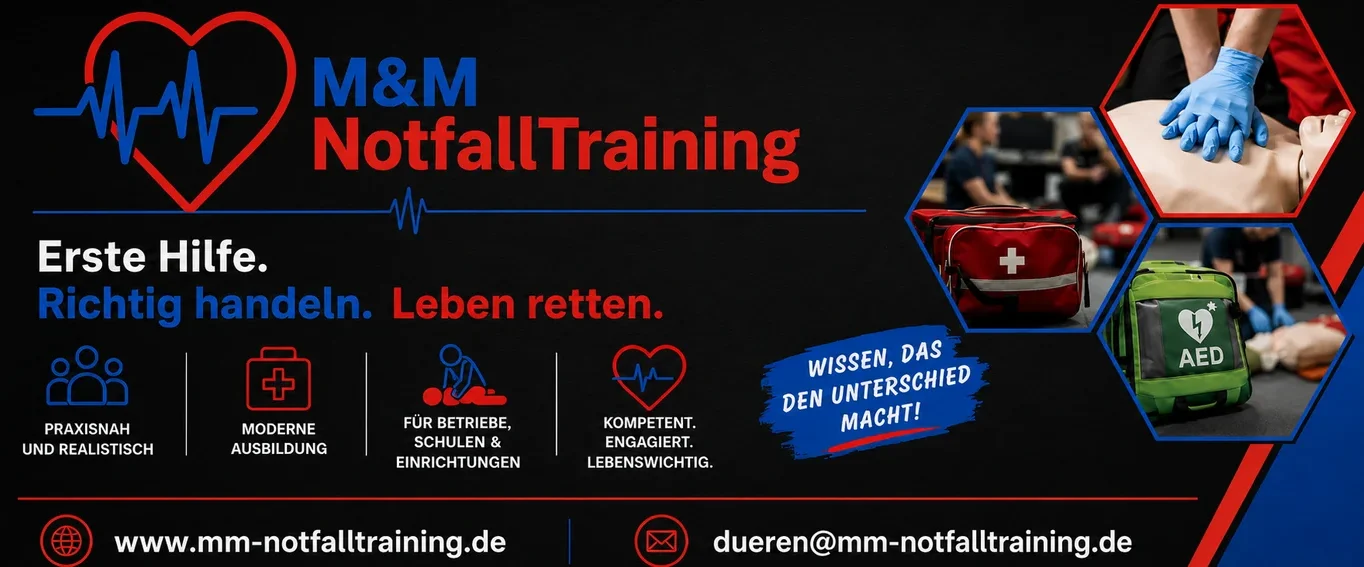 Werbebanner von M&M NotfallTraining für Erste-Hilfe- und Brandschutzschulungen.