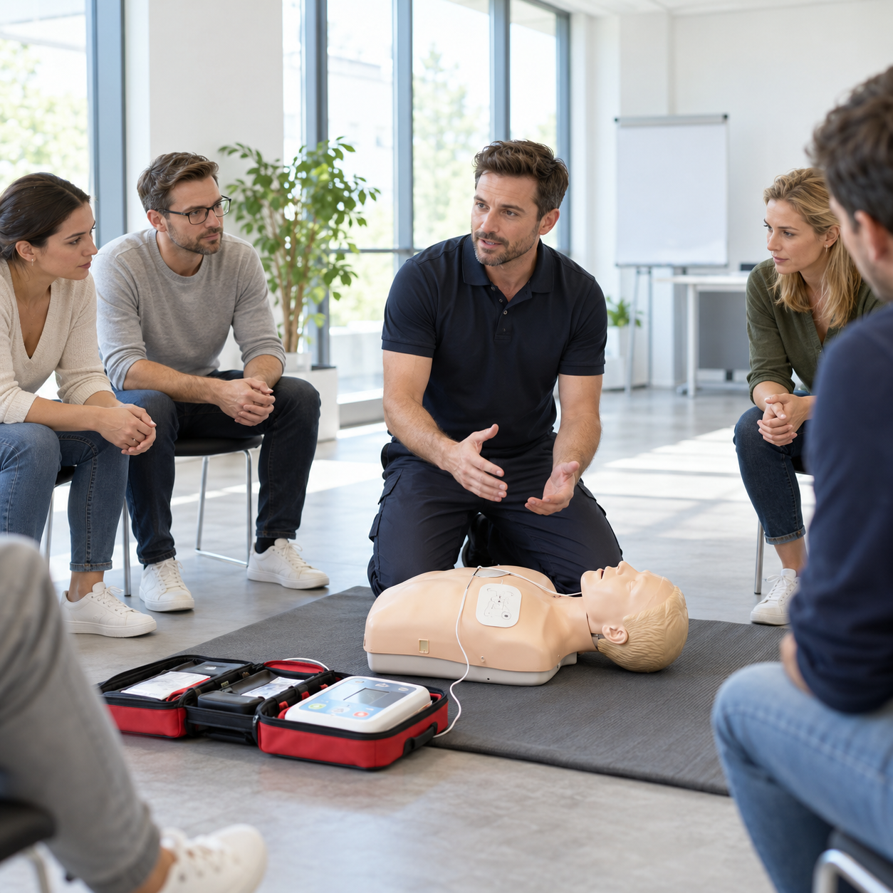 Individuelle Erste-Hilfe-Schulung und Reanimationstraining Ausbilder erklärt einer Gruppe von Teilnehmenden die Wiederbelebung an einer Reanimationspuppe während einer Erste-Hilfe-Schulung.