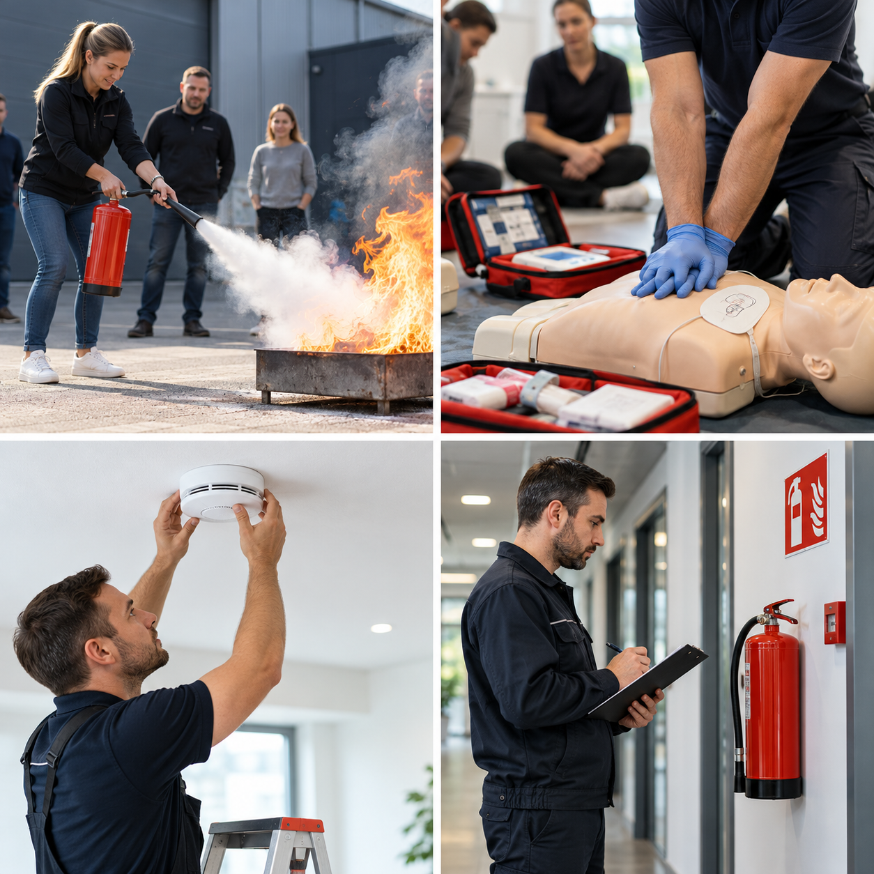 Unsere Leistungen – Erste Hilfe und Brandschutz Collage mit Einblicken in Feuerlöschtraining, Erste-Hilfe-Ausbildung, Reanimationstraining und Rauchwarnmelder-Service.